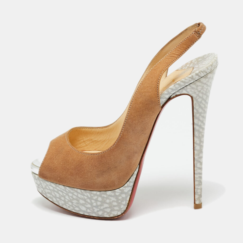 Christian Louboutin Beige Nubuck Leather Lady Peep Sling Platform Pumps Size 36