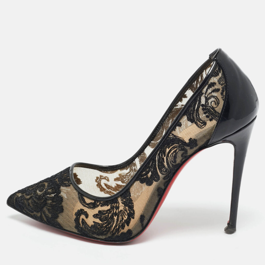 Christian Louboutin Black Lace and Patent Leather Follies Dentelle Pumps Size 36.5