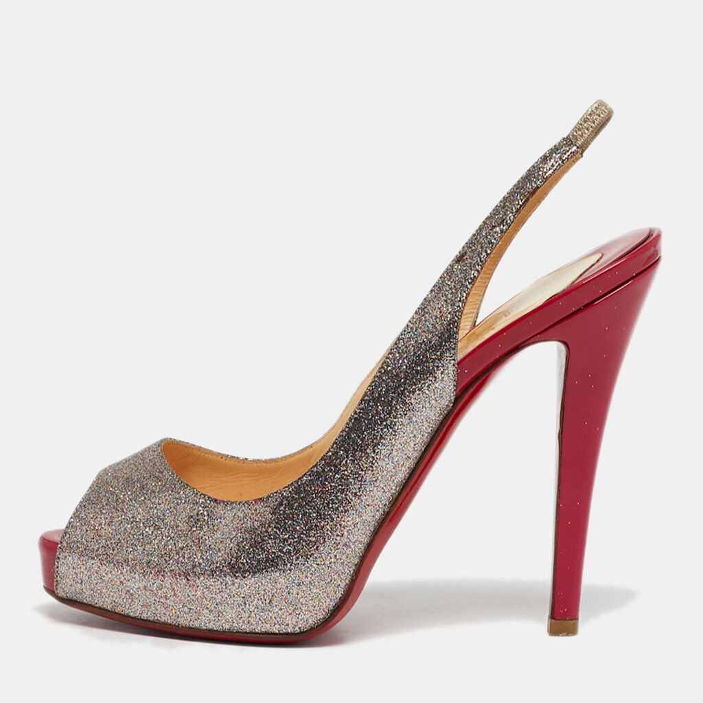 Christian Louboutin Silver/Pink Glitter No Prive Peep Toe Slingback Pumps Size 36
