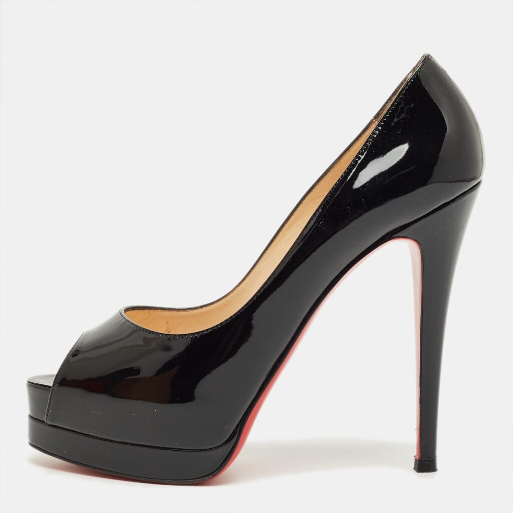 Christian Louboutin Black Patent Leather Lady Peep Toe Platform Pumps Size 38.5 Christian Louboutin Black Patent Leather Lady Peep Toe Platform Pumps Size 38.5