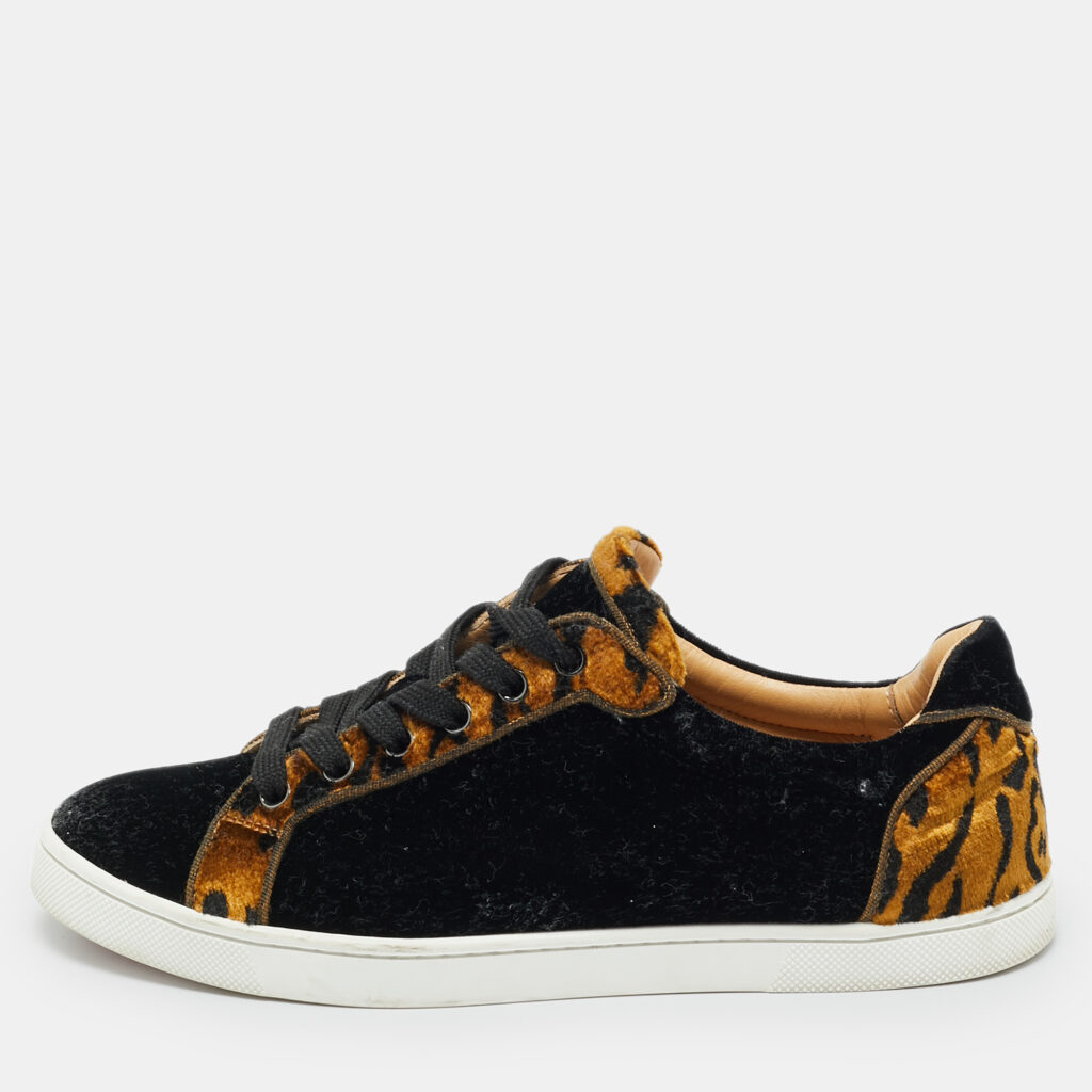 Christian Louboutin Black/Gold Leopard Print Velvet Lace Up Sneakers Size 37 Christian Louboutin Black/Gold Leopard Print Velvet Lace Up Sneakers Size 37