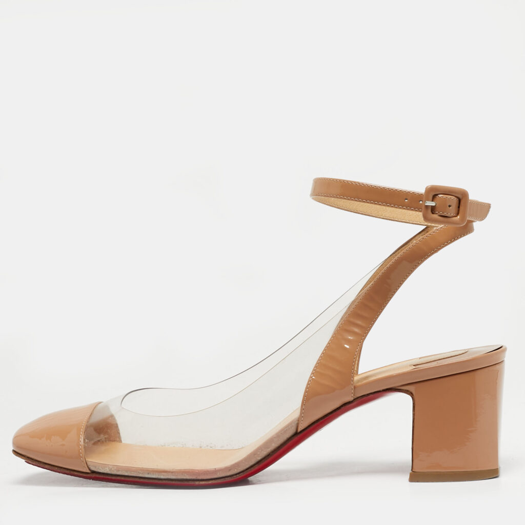 Christian Louboutin Beige Patent Leather and PVC Asticocotte Block Heel Pumps Size 40