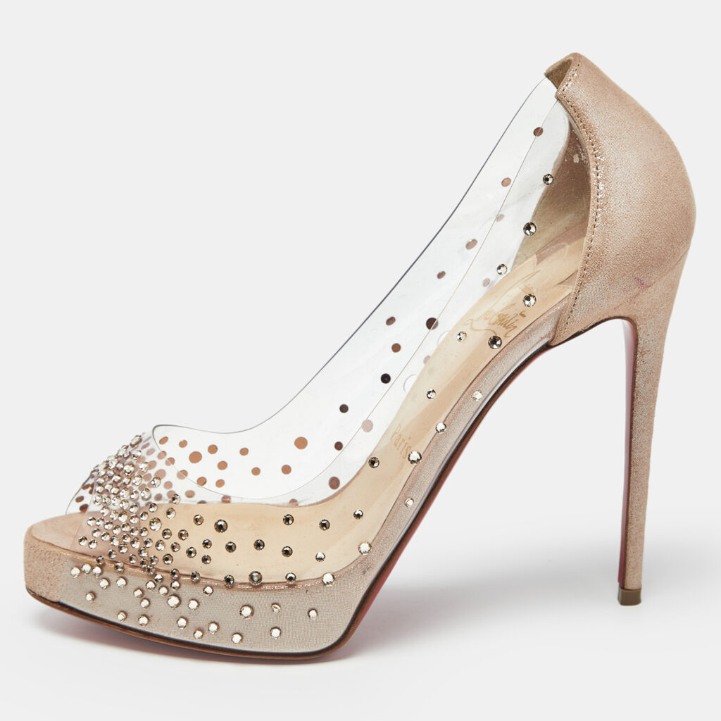 Christian Louboutin Metallic Beige Suede and PVC Very Strass Pumps Size 36