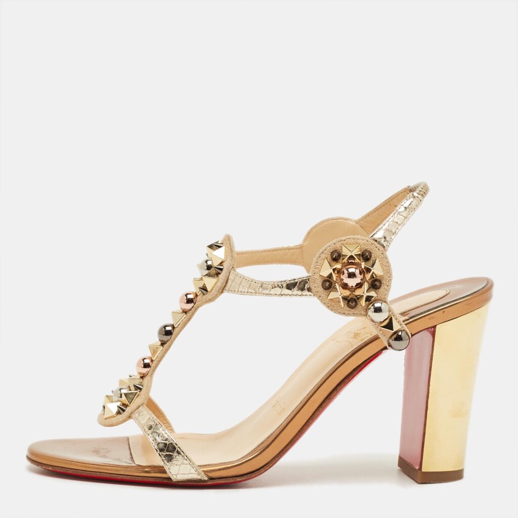Christian Louboutin Gold/Beige Snakeskin Embossed Leather and Suede Kaleitop Sandals Size 36.5 Christian Louboutin Gold/Beige Snakeskin Embossed Leather and Suede Kaleitop Sandals Size 36.5