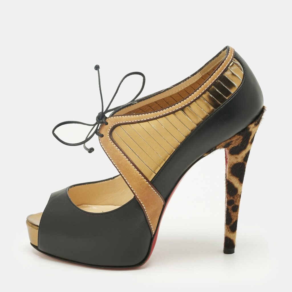Christian Louboutin Black Calf Hair and Leather Peep Toe Pumps Size 37