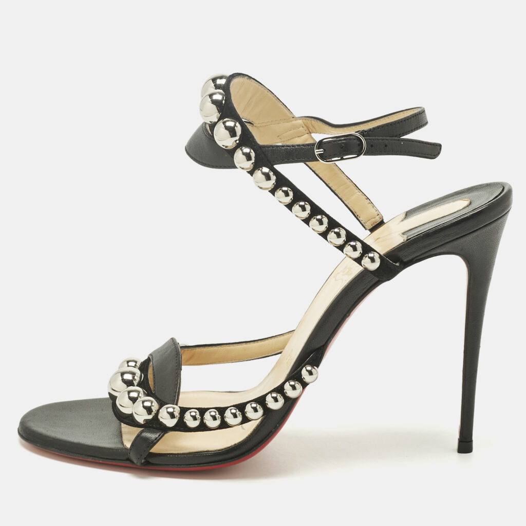 Christian Louboutin Black Leather Studded Galeria Slingback Sandals Size 39.5