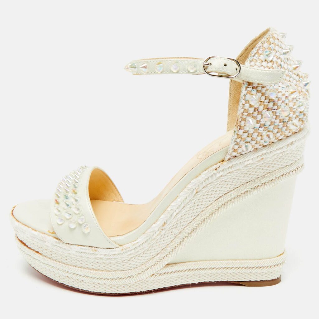 Christian Louboutin Ivory Leather and Woven Fabric Madmonica Spiked Espadrille Wedge Sandals Size 37 Christian Louboutin Ivory Leather and Woven Fabric Madmonica Spiked Espadrille Wedge Sandals Size 37