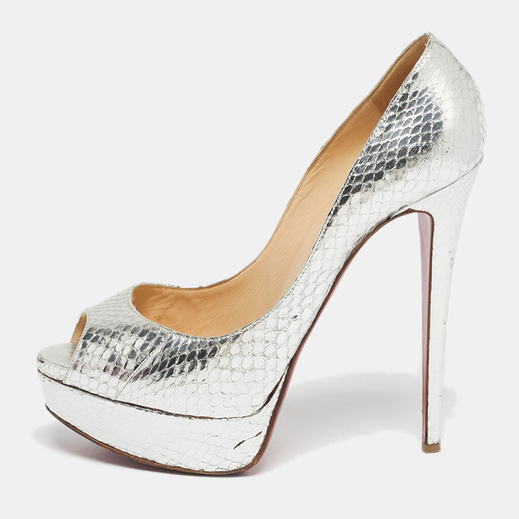 Christian Louboutin Silver Python Embossed Leather Lady Peep Peep Toe Pumps Size 38.5