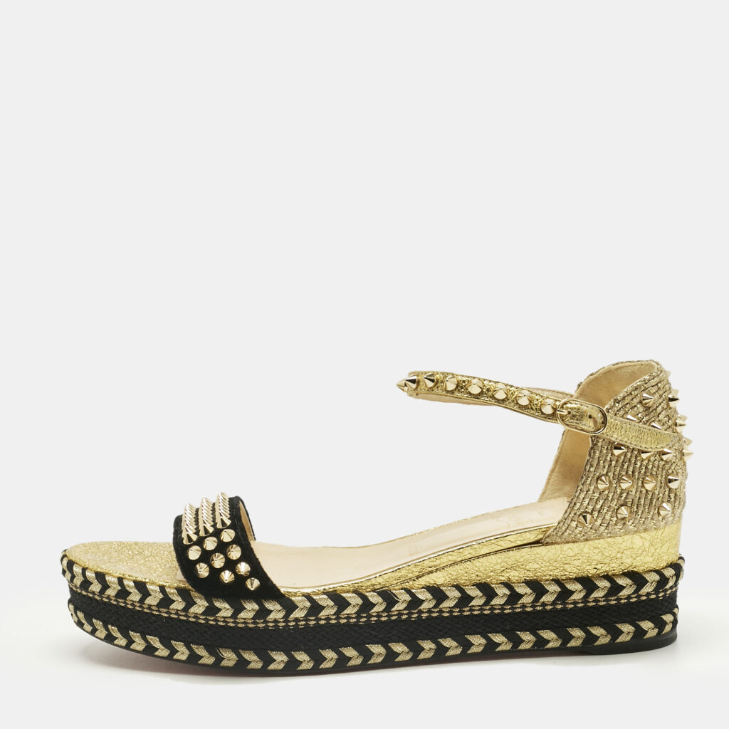 Christian Louboutin Gold Velvet and Straw Jute Spiked Espadrille Wedge Sandals Size 42 Christian Louboutin Gold Velvet and Straw Jute Spiked Espadrille Wedge Sandals Size 42