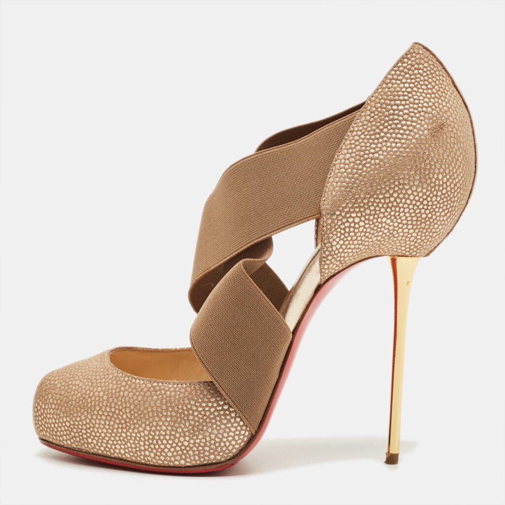 luxury-women-christian-louboutin-used-shoes-p1241554-001.jpg Christian Louboutin Gold Textured Suede and Elastic Big Dorcet Pumps Size 37