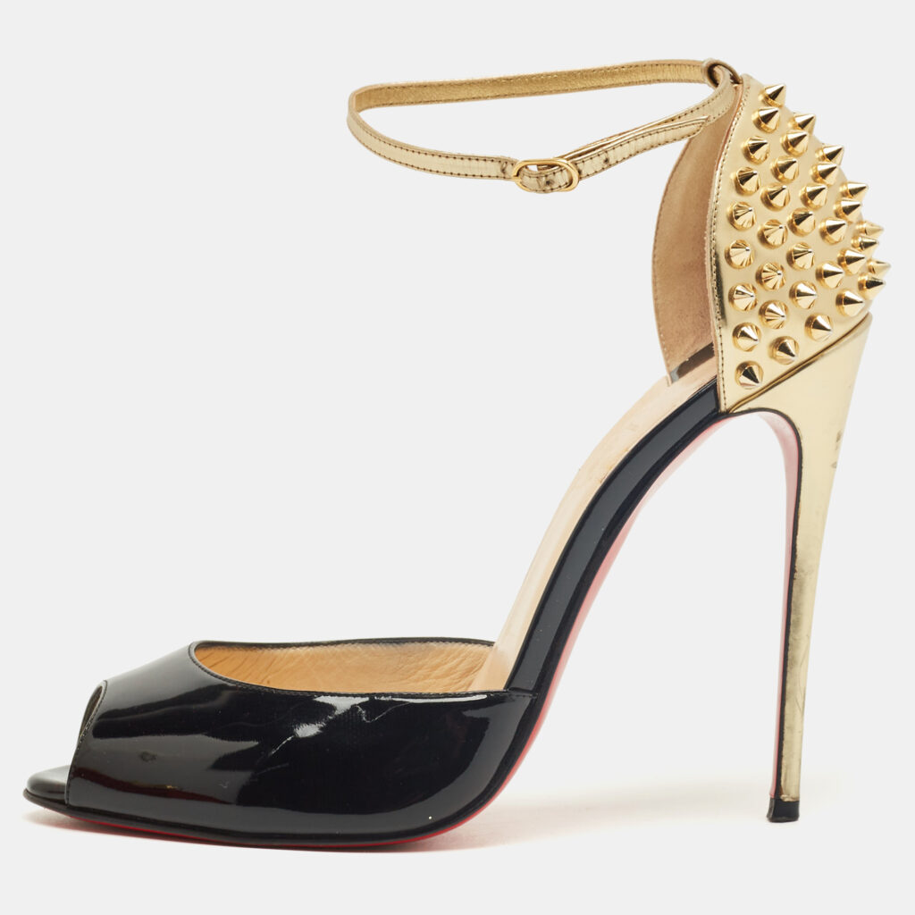 Christian Louboutin Black Patent and Leather Pina Spike Ankle Strap Sandals Size 38.5 Christian Louboutin Black Patent and Leather Pina Spike Ankle Strap Sandals Size 38.5