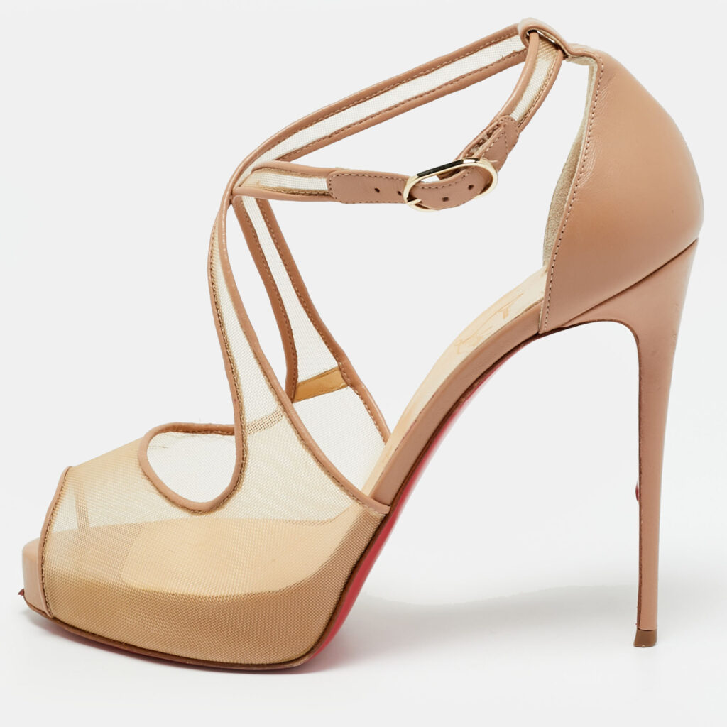 Christian Louboutin Beige Leather and Mesh Mariacar Peep Toe Pumps Size 38.5 Christian Louboutin Beige Leather and Mesh Mariacar Peep Toe Pumps Size 38.5