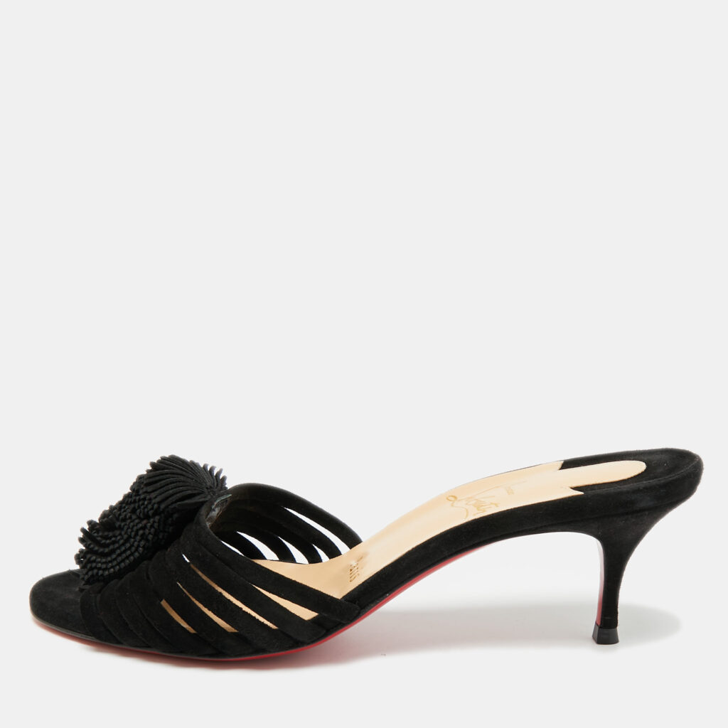 Christian Louboutin Black Suede Belbrossa Pompm Slide Sandals Size 37 Christian Louboutin Black Suede Belbrossa Pompm Slide Sandals Size 37