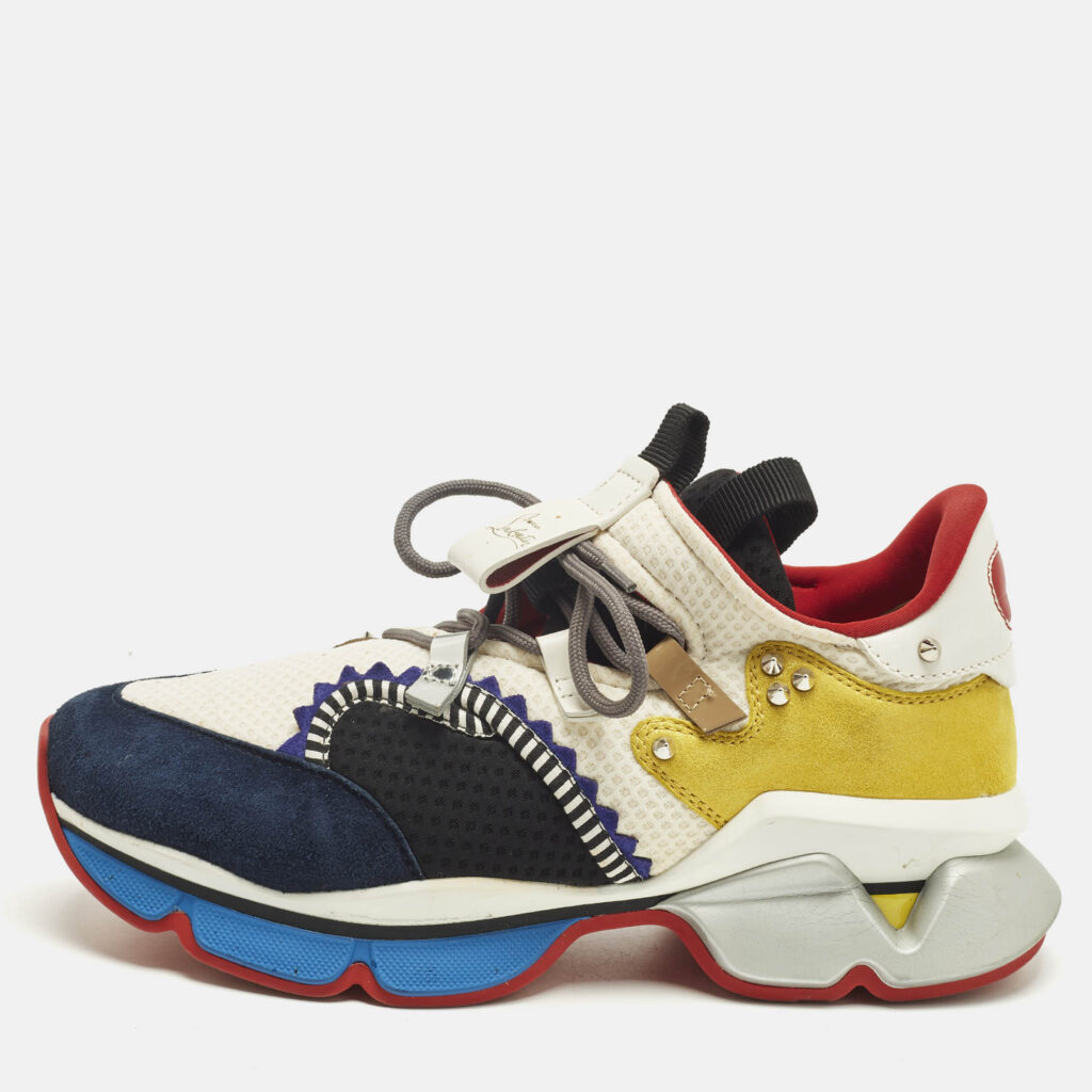 Christian Louboutin Multicolor Leather and Mesh Red Runner Lace Up Sneakers Size 41