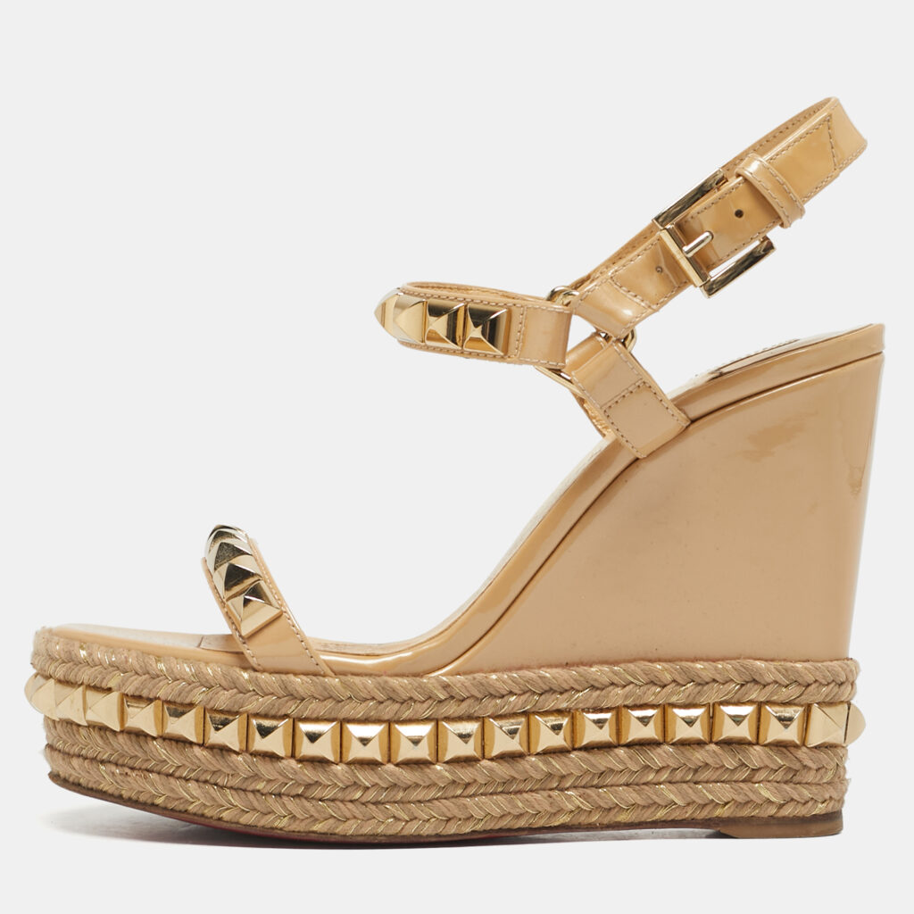 Christian Louboutin Beige Patent Leather Pyraclou Platform Wedge Sandals Size 36 Christian Louboutin Beige Patent Leather Pyraclou Platform Wedge Sandals Size 36
