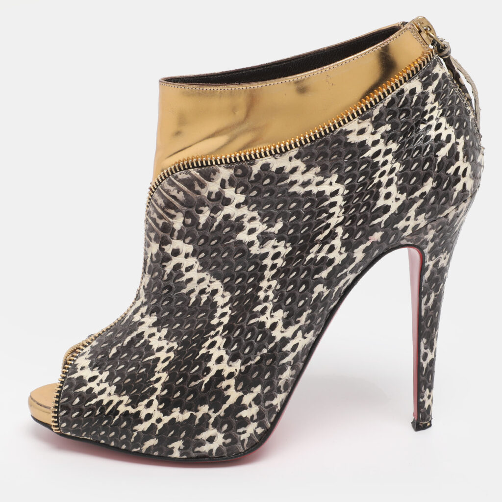Christian Louboutin Grey/Gold Foil Leather and Python Leather Col Zippe Booties Size 40 Christian Louboutin Grey/Gold Foil Leather and Python Leather Col Zippe Booties Size 40