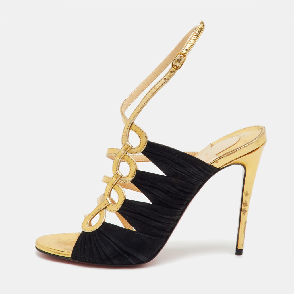 Christian Louboutin Gold/Black Patent Leather and Suede Tina Cage Sandals Size 36.5 Christian Louboutin Gold/Black Patent Leather and Suede Tina Cage Sandals Size 36.5