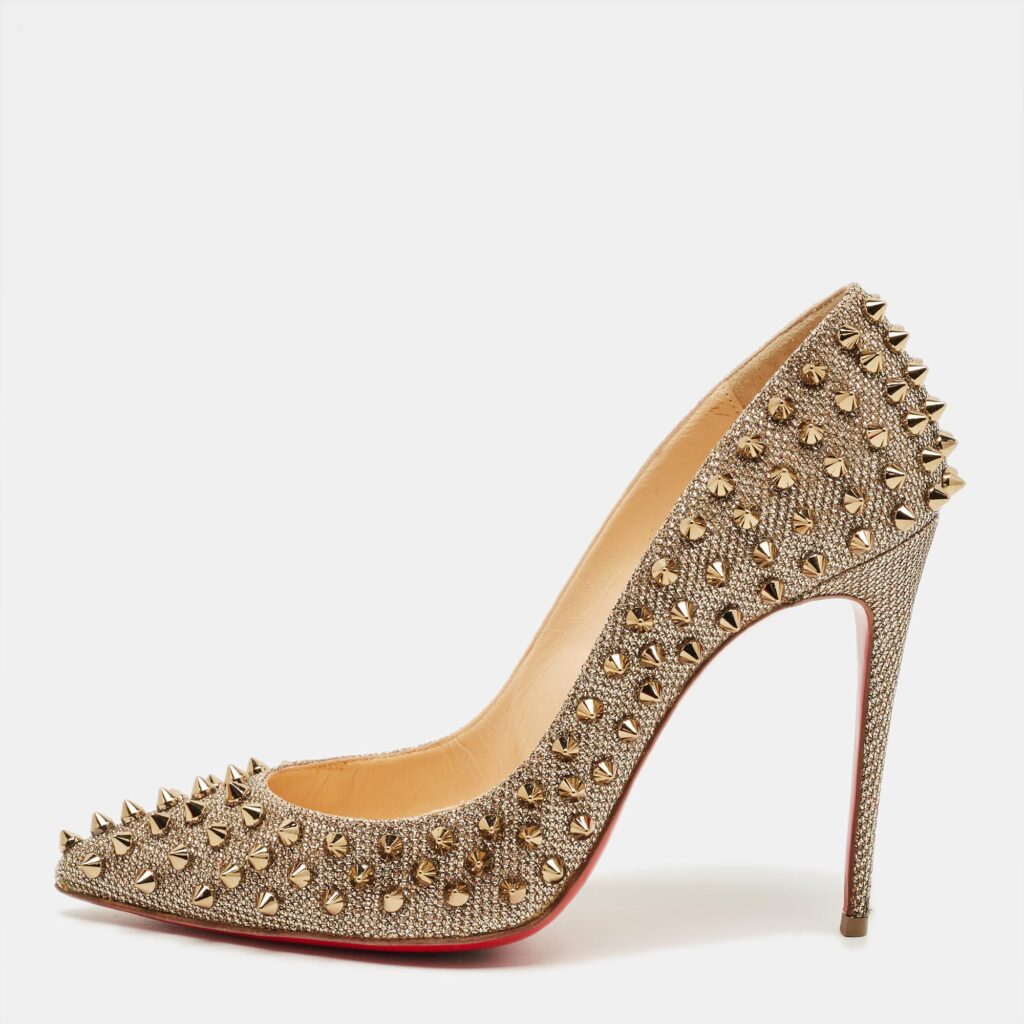luxury-women-christian-louboutin-used-shoes-p1244660-001.jpg Christian Louboutin Gold Lurex Fabric Pigalle Follies Spikes Pumps Size 37