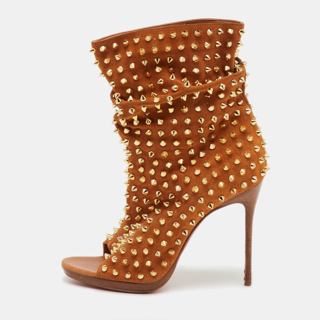 Christian Louboutin Brown Spiked Suede Guerilla Open Toe Slouchy Ankle Boots Size 37 Christian Louboutin Brown Spiked Suede Guerilla Open Toe Slouchy Ankle Boots Size 37