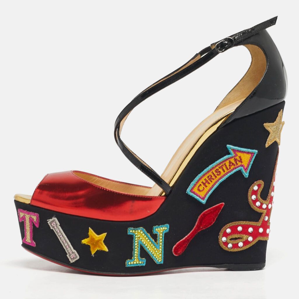 Christian Louboutin Multicolor Patent Leather Loubi Zeppa Wedge Sandals Size 39