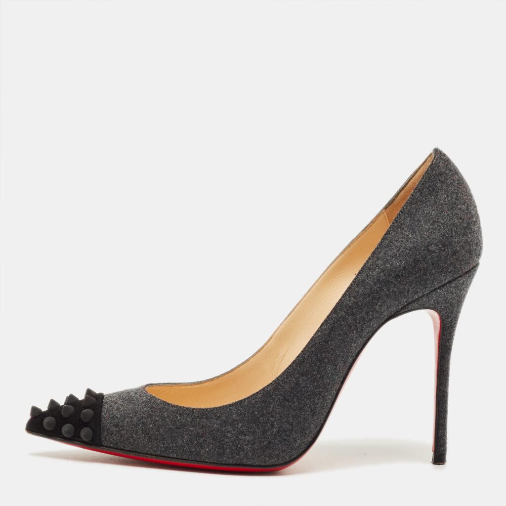 Christian Louboutin Grey/Black Wool Geo Spiked Pumps Size 37