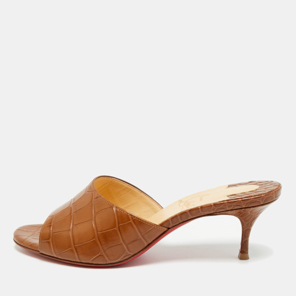 Christian Louboutin East Size 36.5 Brown Croc Embossed Leather Slide Sandals Christian Louboutin East Size 36.5 Brown Croc Embossed Leather Slide Sandals