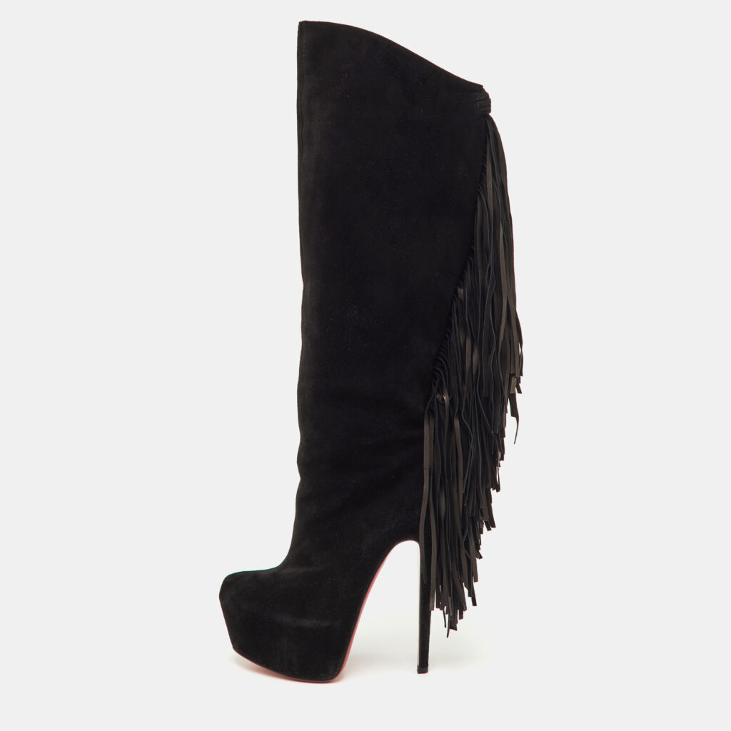 luxury-women-christian-louboutin-used-shoes-p1246317-009.jpg Christian Louboutin Interlopa Fringe Size 37 Black Suede Platform Knee Length Boots
