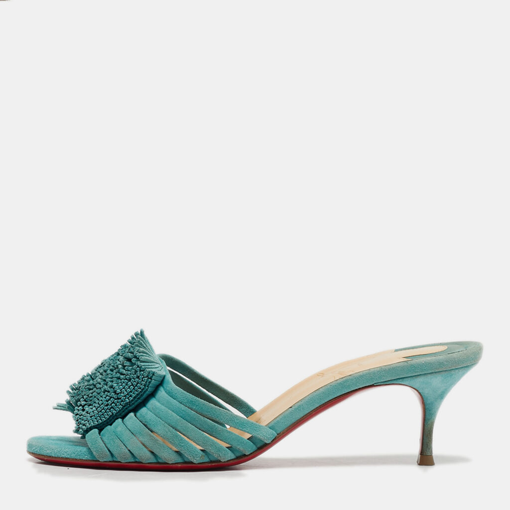 Christian Louboutin Belbrossa Size 36.5 Blue Suede Fringe Trim Slide Sandals