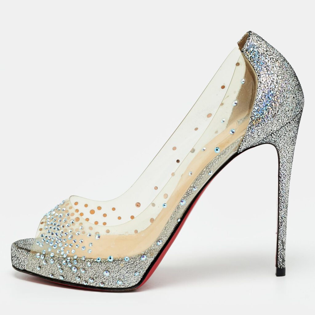 Christian Louboutin Very strass Size 39 Transparent/Metallic Leather and PVC Peep Toe Pumps
