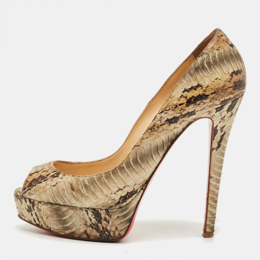 Christian Louboutin Lady Peep Size 37 Green Python Leather Platform Pumps
