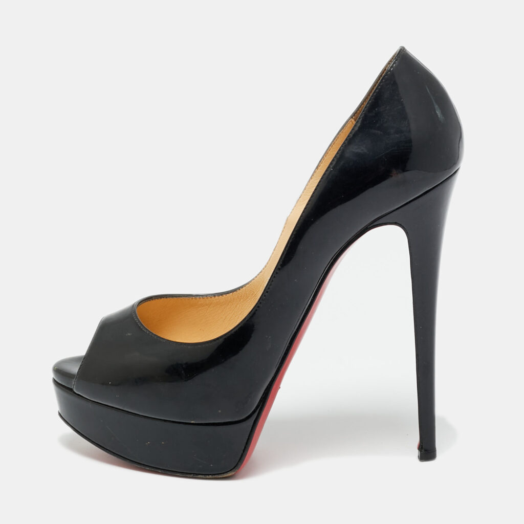 Christian Louboutin Black Patent Leather Lady Peep Toe Platform Pumps Size 38.5 Christian Louboutin Black Patent Leather Lady Peep Toe Platform Pumps Size 38.5