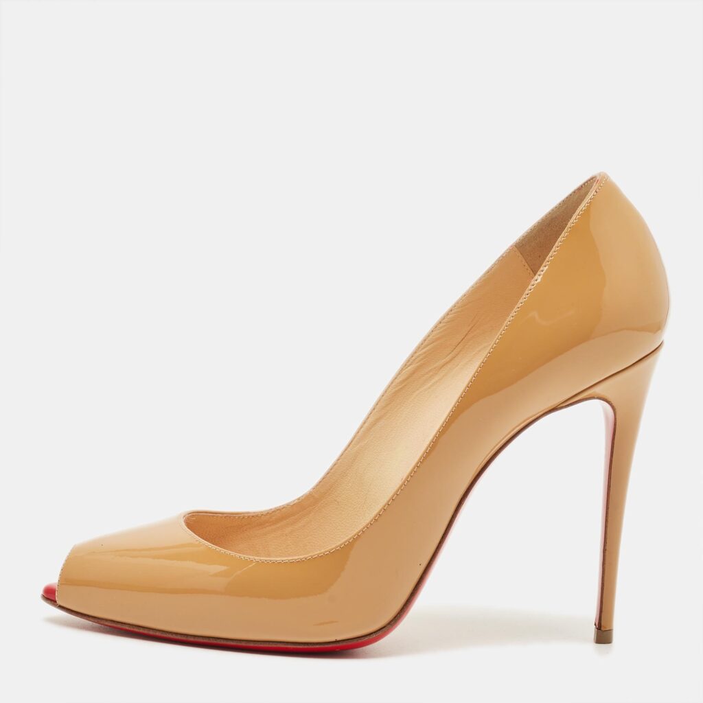 Christian Louboutin Size 38.5 Beige Patent Leather Peep Toe Pumps Christian Louboutin Size 38.5 Beige Patent Leather Peep Toe Pumps