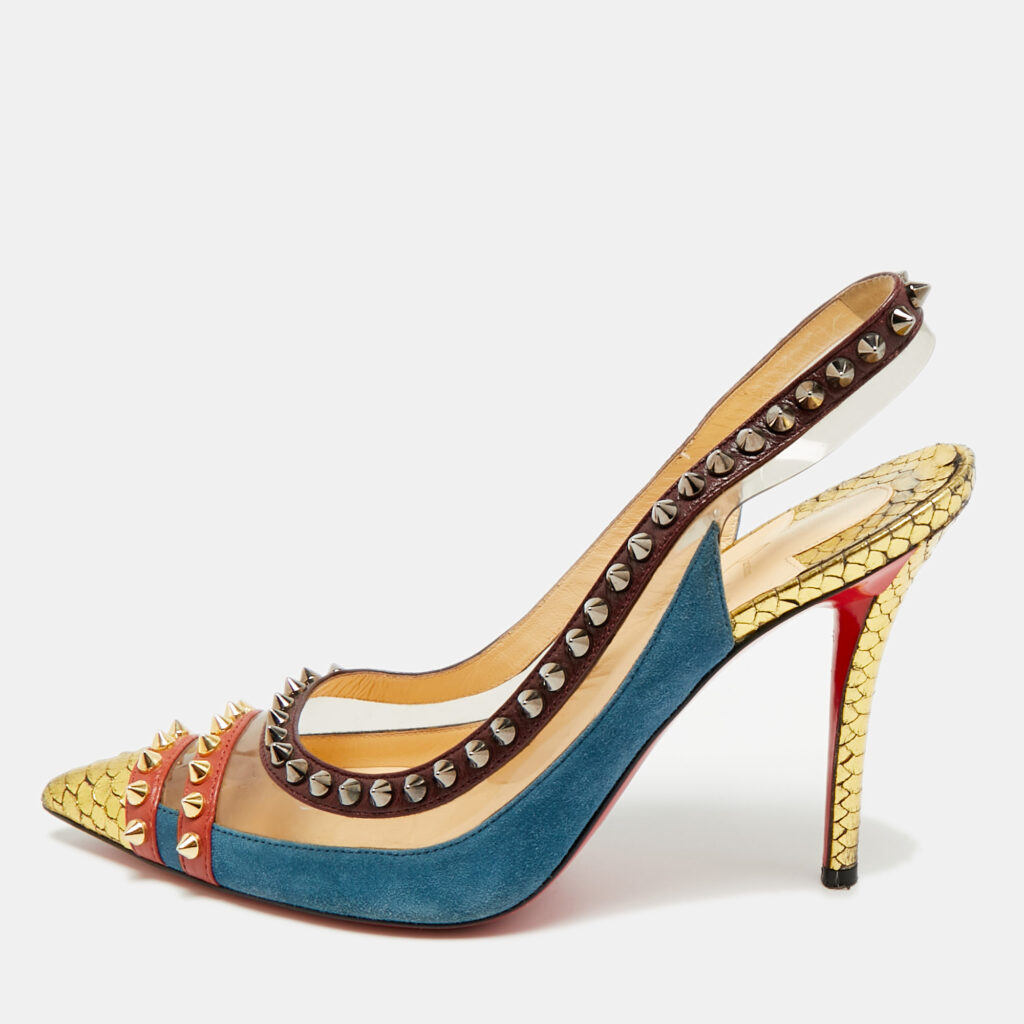 Christian Louboutin Studded Cloo Size 37.5 Multicolor PVC, Snakeskin, and Suede Slingback Pumps