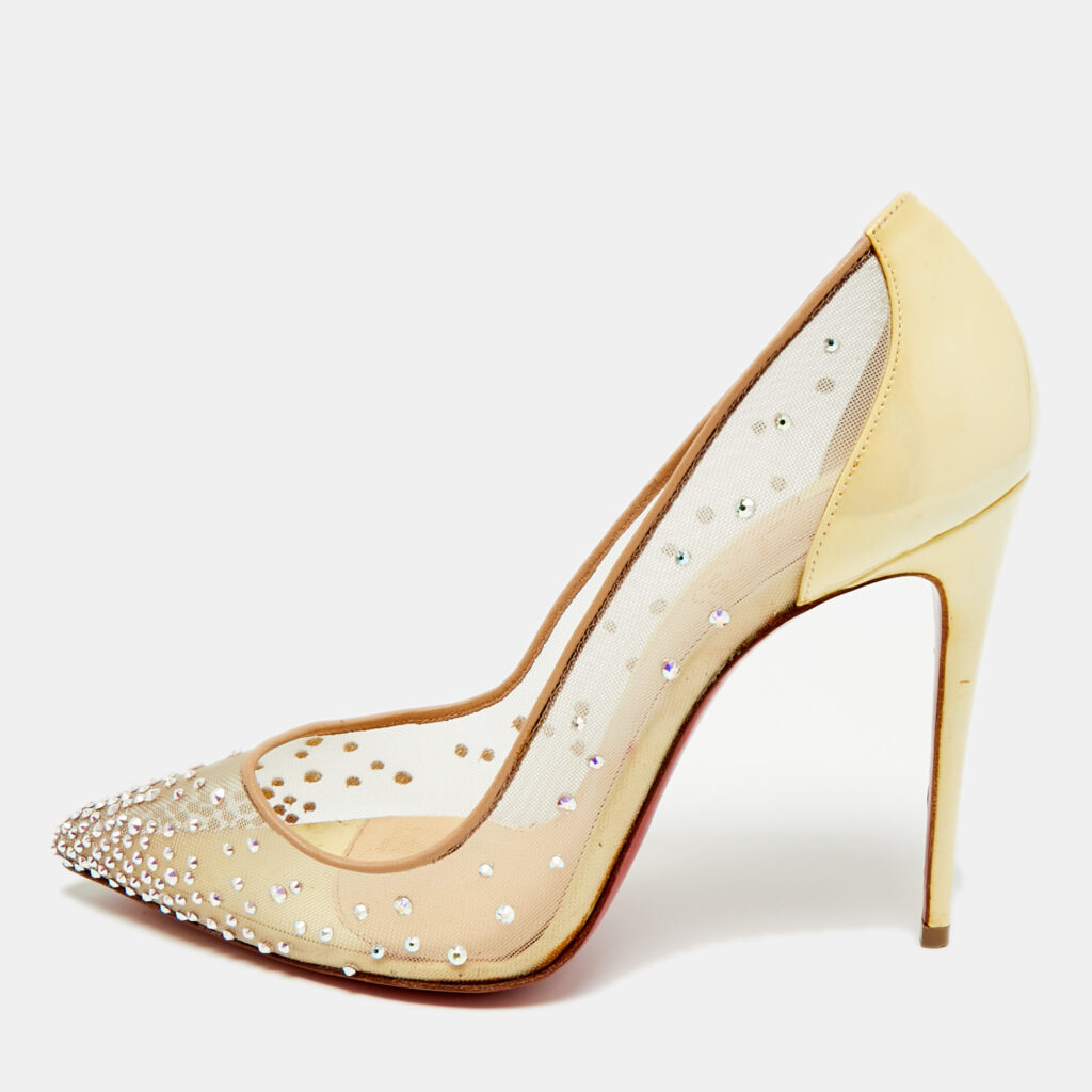 Christian Louboutin Follies Strass Size 38 Yellow Net and Patent Leather Pumps