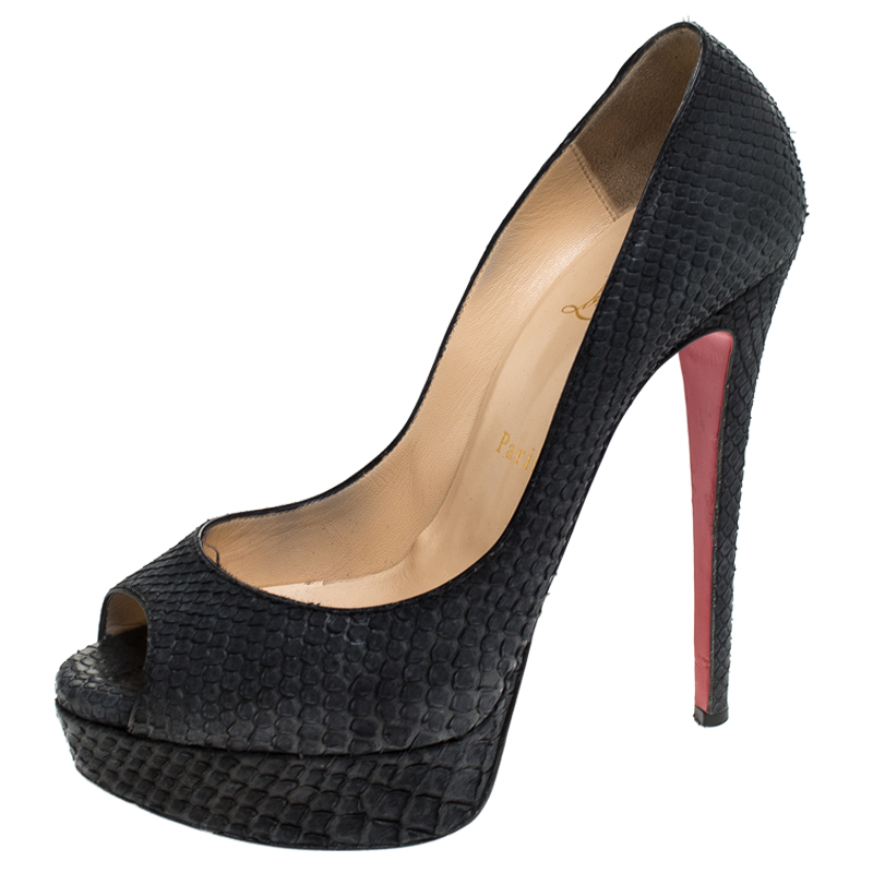 Christian Louboutin Black Python Leather Lady Peep Toe Platform Pumps Size 37.5 Christian Louboutin Black Python Leather Lady Peep Toe Platform Pumps Size 37.5