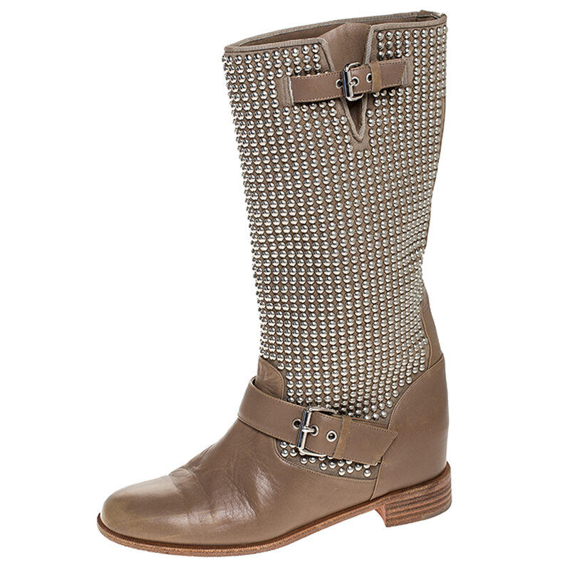 Christian Louboutin Beige Leather Studded Buckle Detail Mid Calf Boots Size 37 Christian Louboutin Beige Leather Studded Buckle Detail Mid Calf Boots Size 37