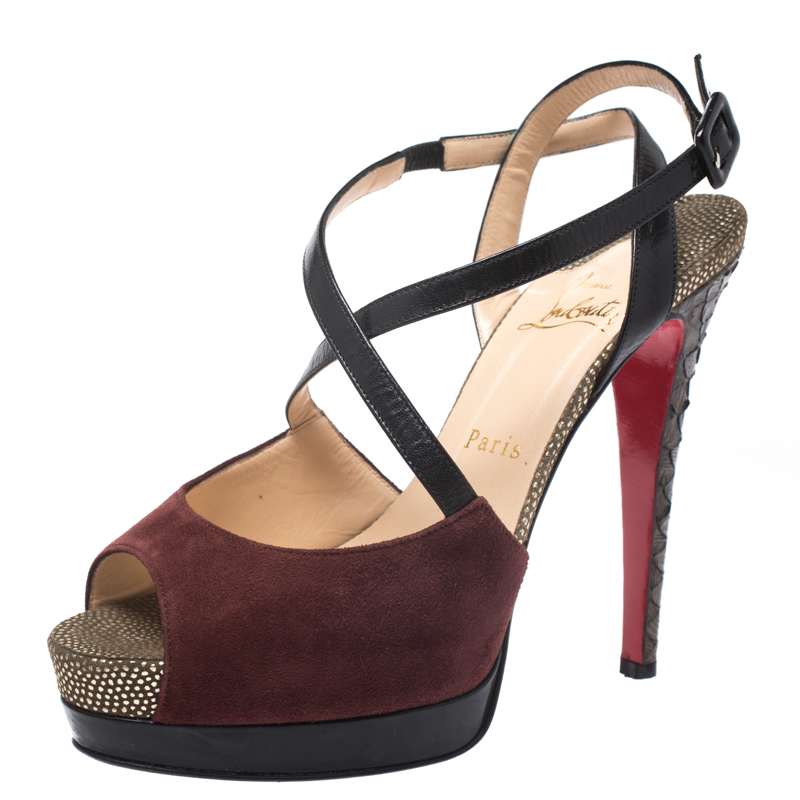 Christian Louboutin Multicolor Suede, Python And Leather Platform Ankle Strap Sandals Size 38 Christian Louboutin Multicolor Suede, Python And Leather Platform Ankle Strap Sandals Size 38