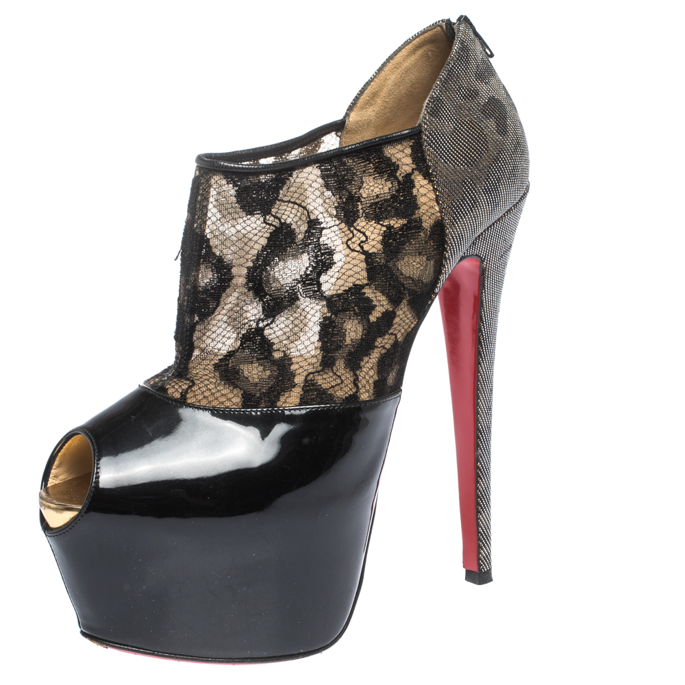 Christian Louboutin Black Leopard Print Lamé Fabric and Patent Leather Aeronotoc Peep Toe Platform Booties Size 38 Christian Louboutin Black Leopard Print Lamé Fabric and Patent Leather Aeronotoc Peep Toe Platform Booties Size 38