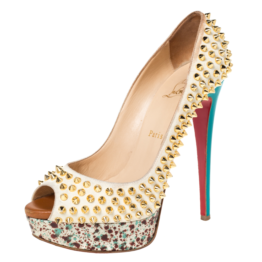 Christian Louboutin Multicolor Lady Peep Toe Spikes Platform Pumps Size 38.5 Christian Louboutin Multicolor Lady Peep Toe Spikes Platform Pumps Size 38.5