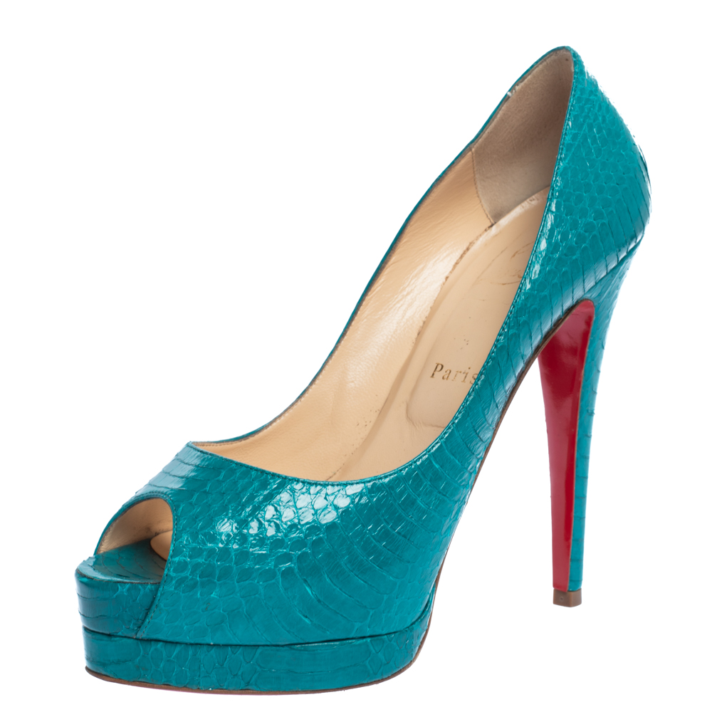 Christian Louboutin Turquoise Snakeskin Lady Peep Toe Platform Pumps Size 39 Christian Louboutin Turquoise Snakeskin Lady Peep Toe Platform Pumps Size 39