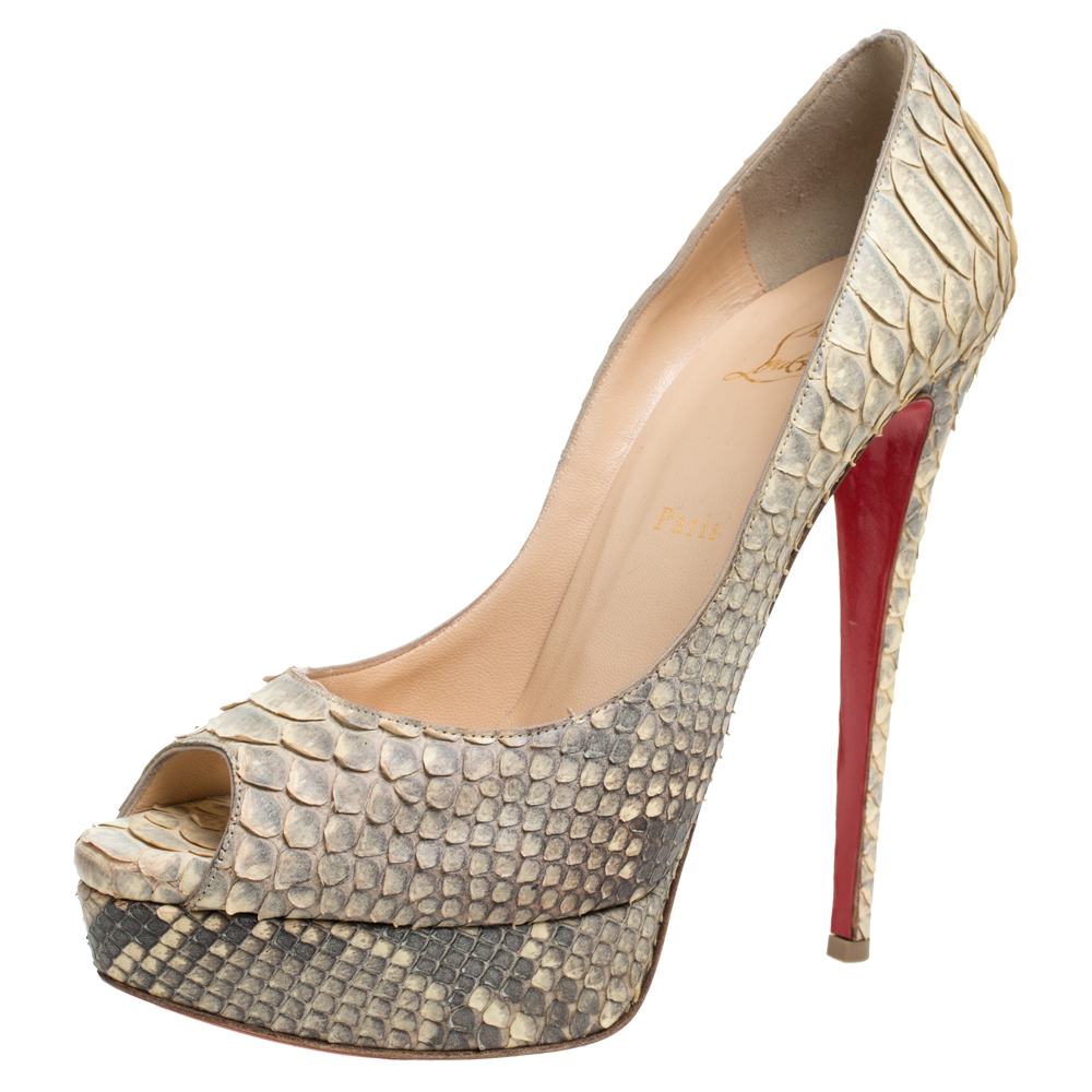 Christian Louboutin Grey/Beige Python Leather Altadama Peep Toe Platform Pumps Size 41 Christian Louboutin Grey/Beige Python Leather Altadama Peep Toe Platform Pumps Size 41