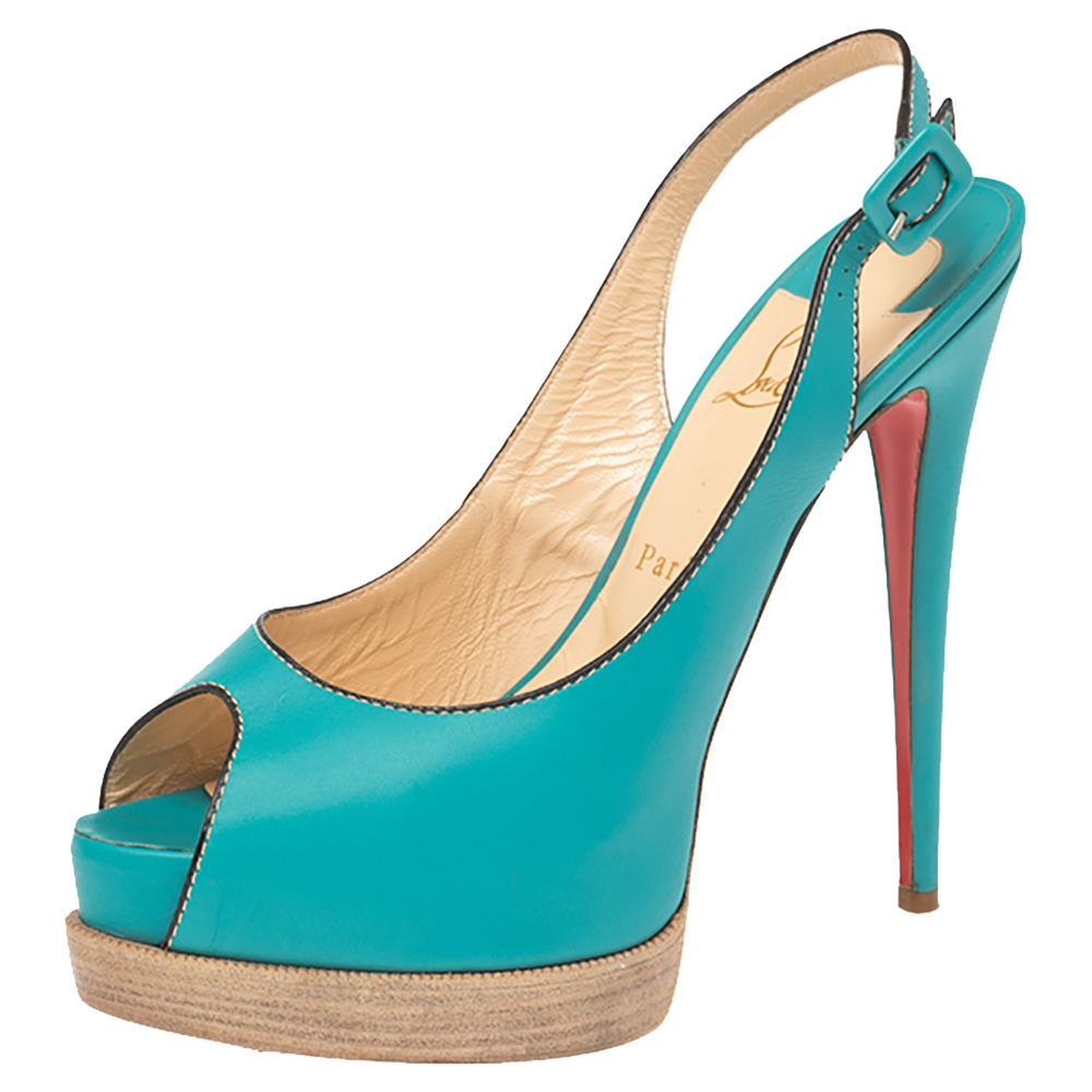 Christian Louboutin Turqouise Leather Peep Toe Platform Slingback Sandals Size 40 Christian Louboutin Turqouise Leather Peep Toe Platform Slingback Sandals Size 40