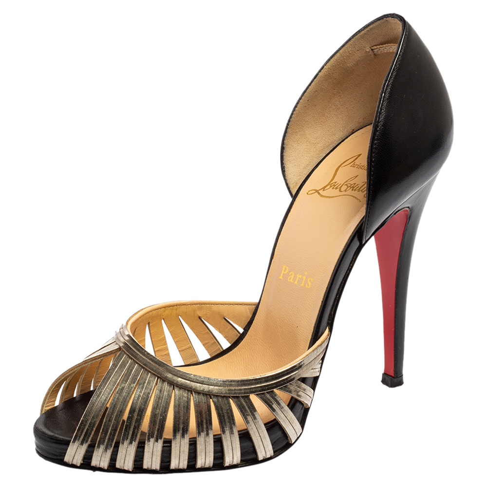 luxury-women-christian-louboutin-used-shoes-p564078-007.jpg Christian Louboutin Black/Gold Leather and Metal Corpus Peep-Toe Pumps Size 37