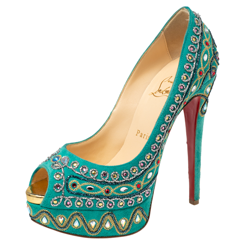 luxury-women-christian-louboutin-used-shoes-p567981-004-1.jpg Christian Louboutin Turquoise Suede Crystal Embellished Peep Toe Platform Pumps Size 37.5