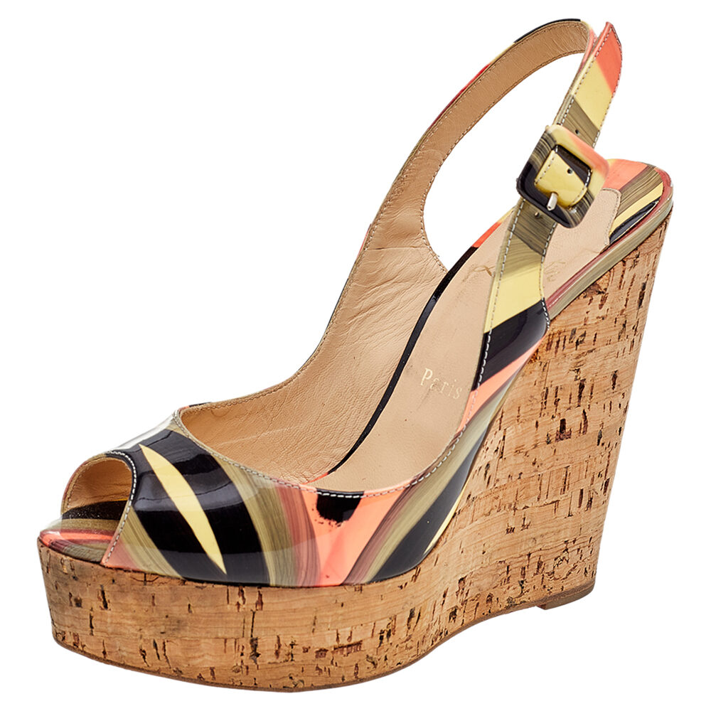 Christian Louboutin Multicolor Patent Leather Une Plume Cork Wedge Slingback Sandals Size 38 Christian Louboutin Multicolor Patent Leather Une Plume Cork Wedge Slingback Sandals Size 38