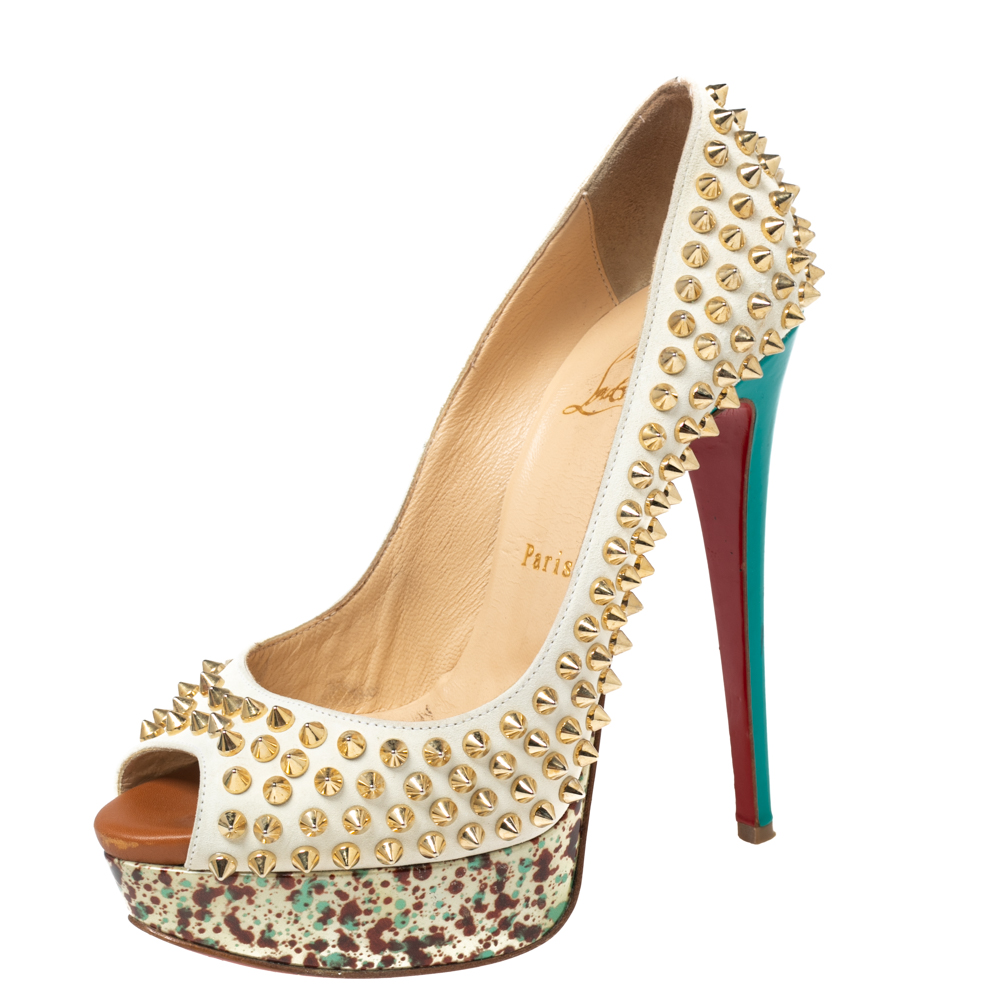 luxury-women-christian-louboutin-used-shoes-p572988-008.jpg Christian Louboutin Off-White Leather Lady Peep-Toe Spikes Platform Pumps Size 37