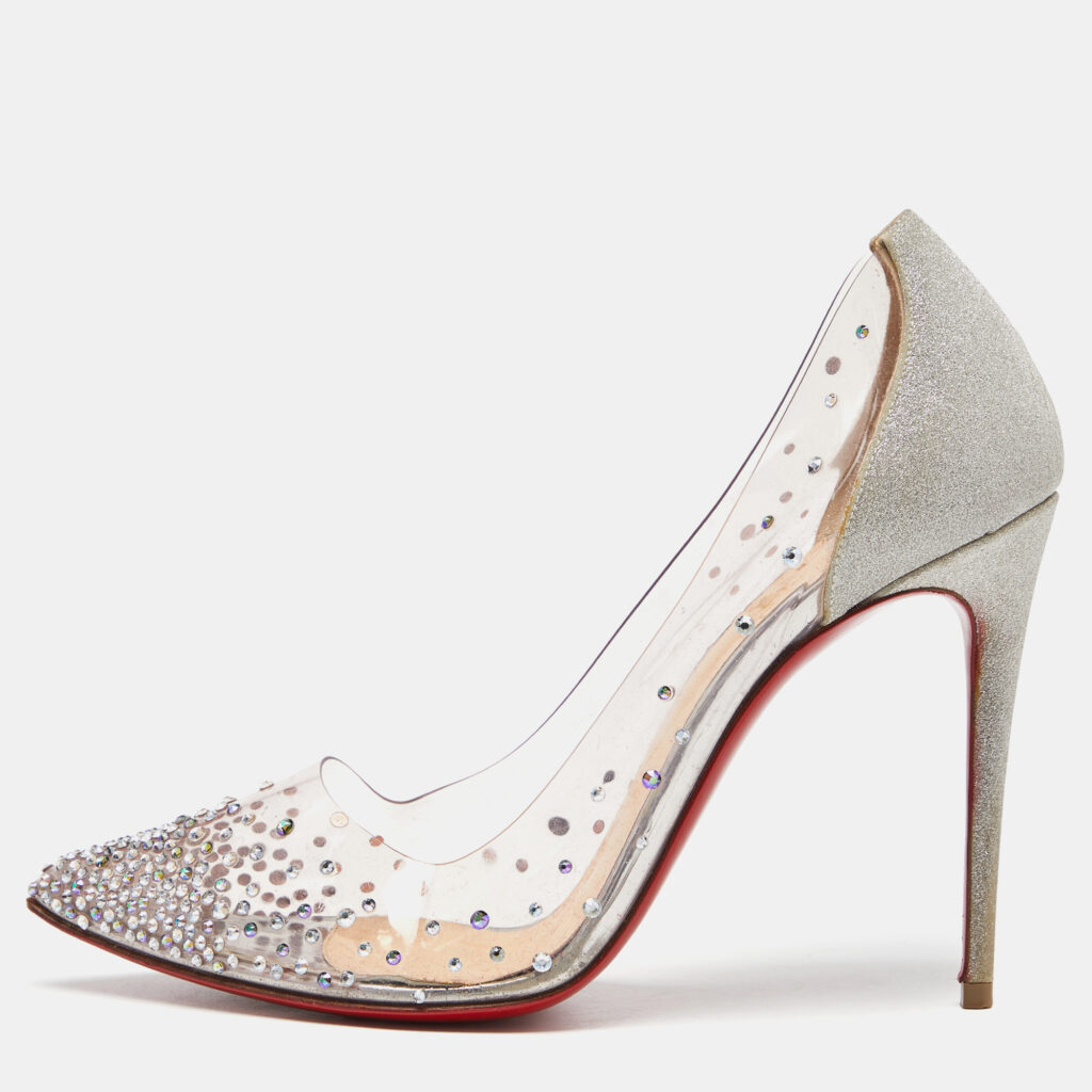 Christian Louboutin Silver Glitter and PVC Degrastrass Embellished Pumps Size 38 Christian Louboutin Silver Glitter and PVC Degrastrass Embellished Pumps Size 38