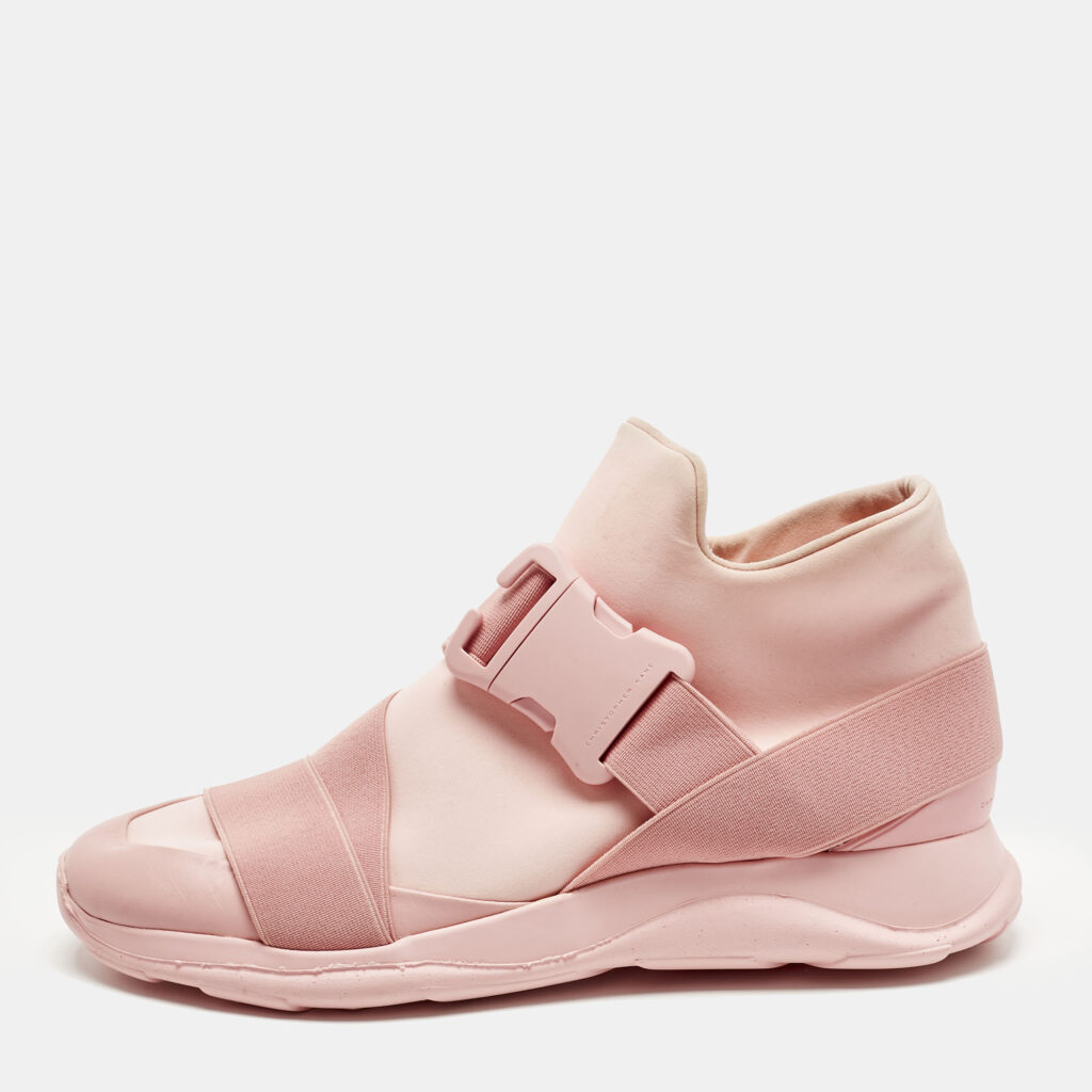 Christopher Kane Pink Leather and Neoprene Safety Buckle Sneakers Size 40