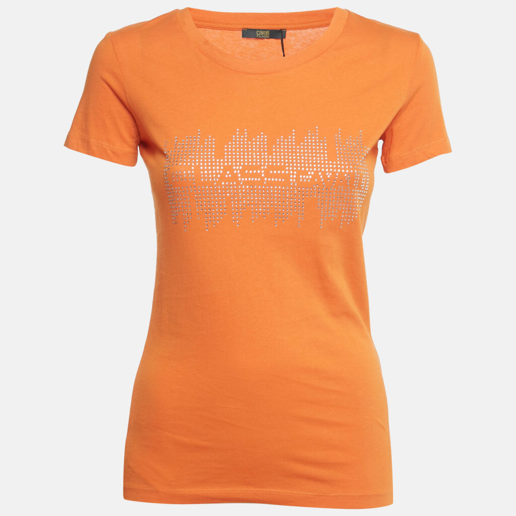 Class by Roberto Cavalli Orange Rhinestone Jersey T-Shirt XS Class by Roberto Cavalli Orange Rhinestone Jersey T-Shirt XS