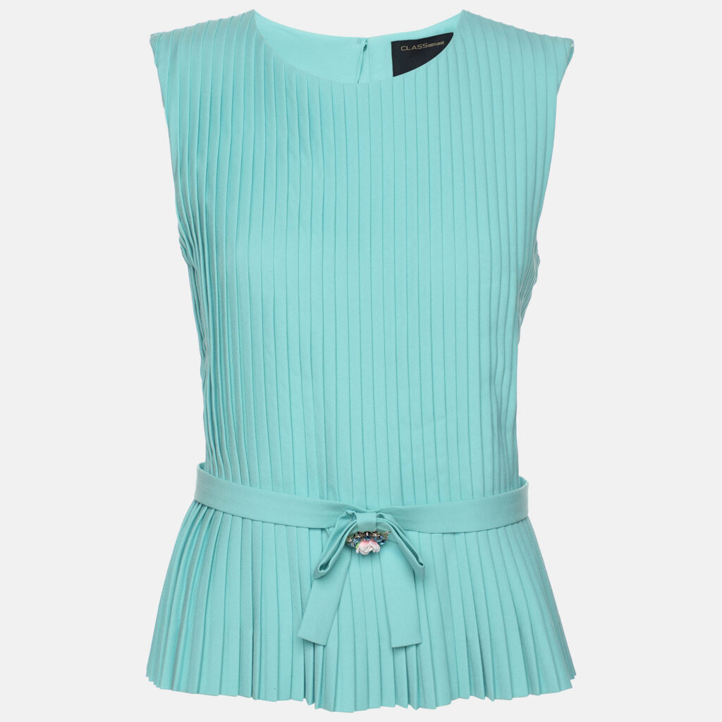 Class Roberto Cavalli Blue Pleated Crepe Embellished Top M Class Roberto Cavalli Blue Pleated Crepe Embellished Top M
